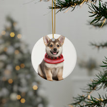 DistinctInk Hanging Ceramic Christmas Tree Ornament with Gold String - Great Gift/Present - 2 3/4 inch Diameter - Swedish Vallhund Puppy Design