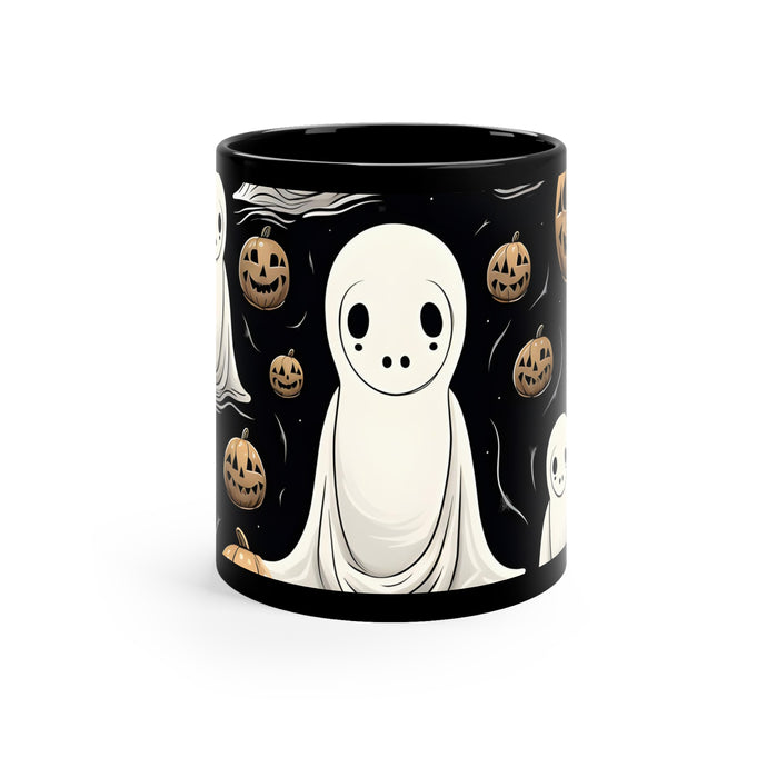 DistinctInk Black Coffee Mug - Ghostly Skeleton and Pumpkin for Halloween