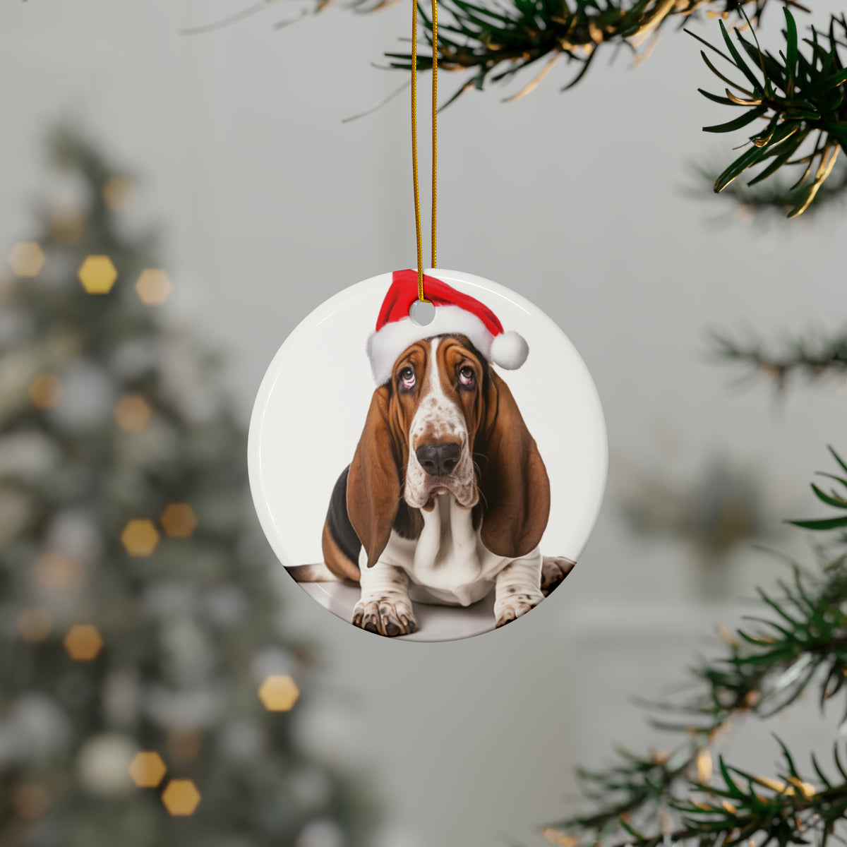 Hanging Ceramic Christmas Tree Ornament with Gold String - Basset Hound Design, view 3