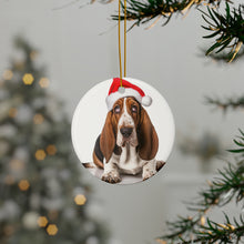 DistinctInk Hanging Ceramic Christmas Tree Ornament with Gold String - Great Gift/Present - 2 3/4 inch Diameter - Basset Hound Design