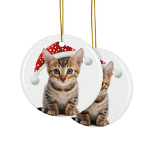 DistinctInk Hanging Ceramic Christmas Tree Ornament with Gold String - Great Gift/Present - 2 3/4 inch Diameter - Savannah Kitten Design