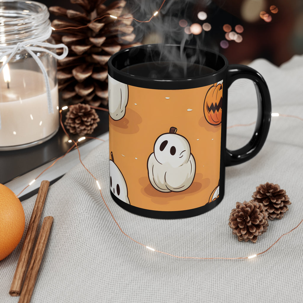 Black Coffee Mug - Ghastly Skeleton Pumpkin adorned for Halloween, view 4