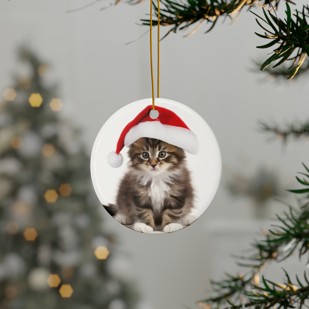 Hanging Ceramic Christmas Tree Ornament with Gold String - Norwegian Forest Kitten Design, view 3