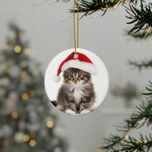 DistinctInk Hanging Ceramic Christmas Tree Ornament with Gold String - Great Gift/Present - 2 3/4 inch Diameter - Norwegian Forest Kitten Design