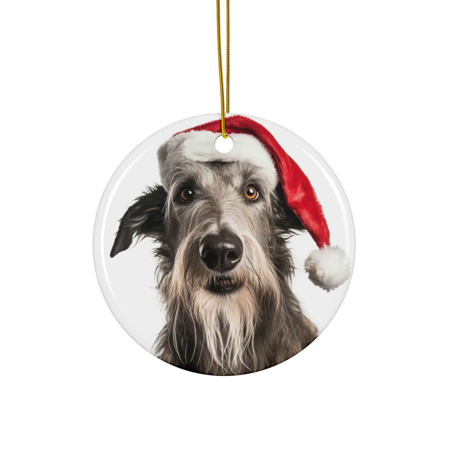 DistinctInk Hanging Ceramic Christmas Tree Ornament with Gold String - Great Gift/Present - 2 3/4 inch Diameter - Scottish Deerhound Design