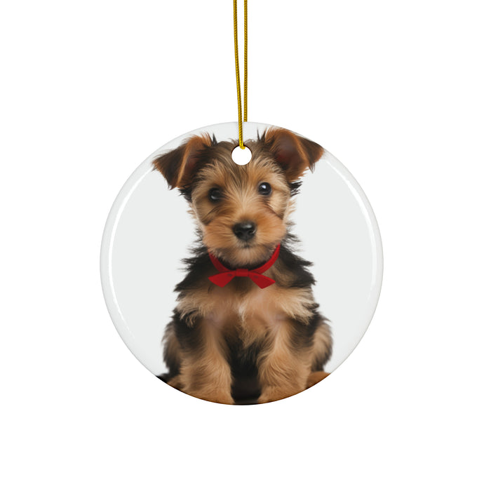 DistinctInk Hanging Ceramic Christmas Tree Ornament with Gold String - Great Gift/Present - 2 3/4 inch Diameter - Australian Terrier Puppy Design