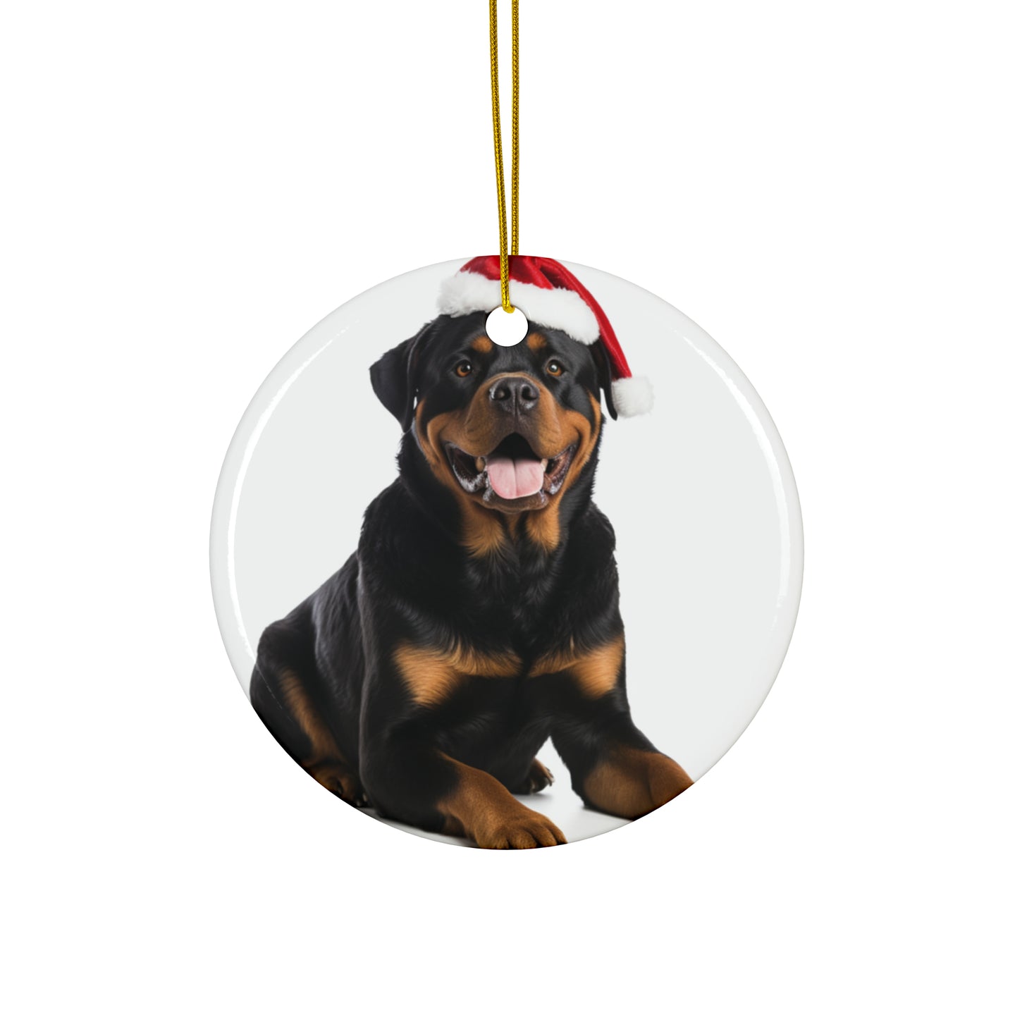 DistinctInk Hanging Ceramic Christmas Tree Ornament with Gold String - Great Gift/Present - 2 3/4 inch Diameter - Rottweiler Design