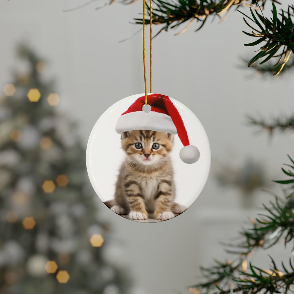 Hanging Ceramic Christmas Tree Ornament with Gold String - Manx Kitten Design, view 3