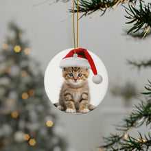 DistinctInk Hanging Ceramic Christmas Tree Ornament with Gold String - Great Gift/Present - 2 3/4 inch Diameter - Manx Kitten Design