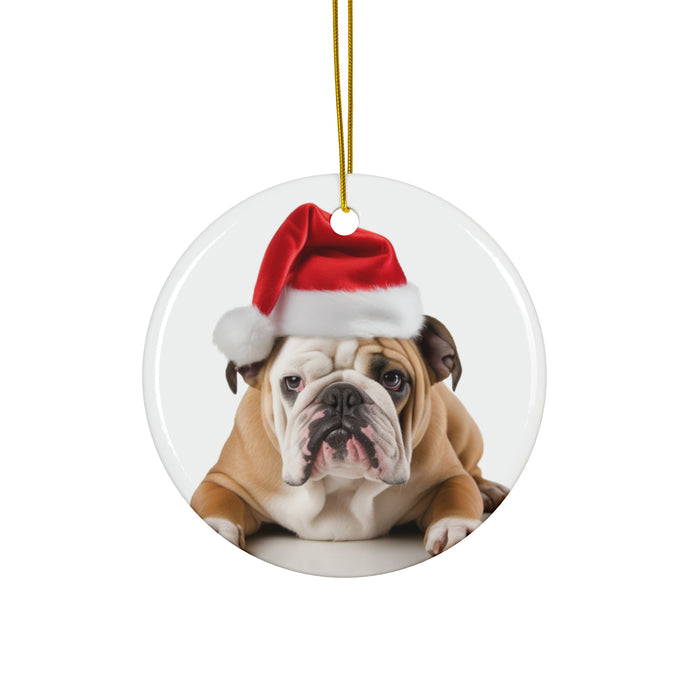 DistinctInk Hanging Ceramic Christmas Tree Ornament with Gold String - Great Gift/Present - 2 3/4 inch Diameter - Bulldog Design