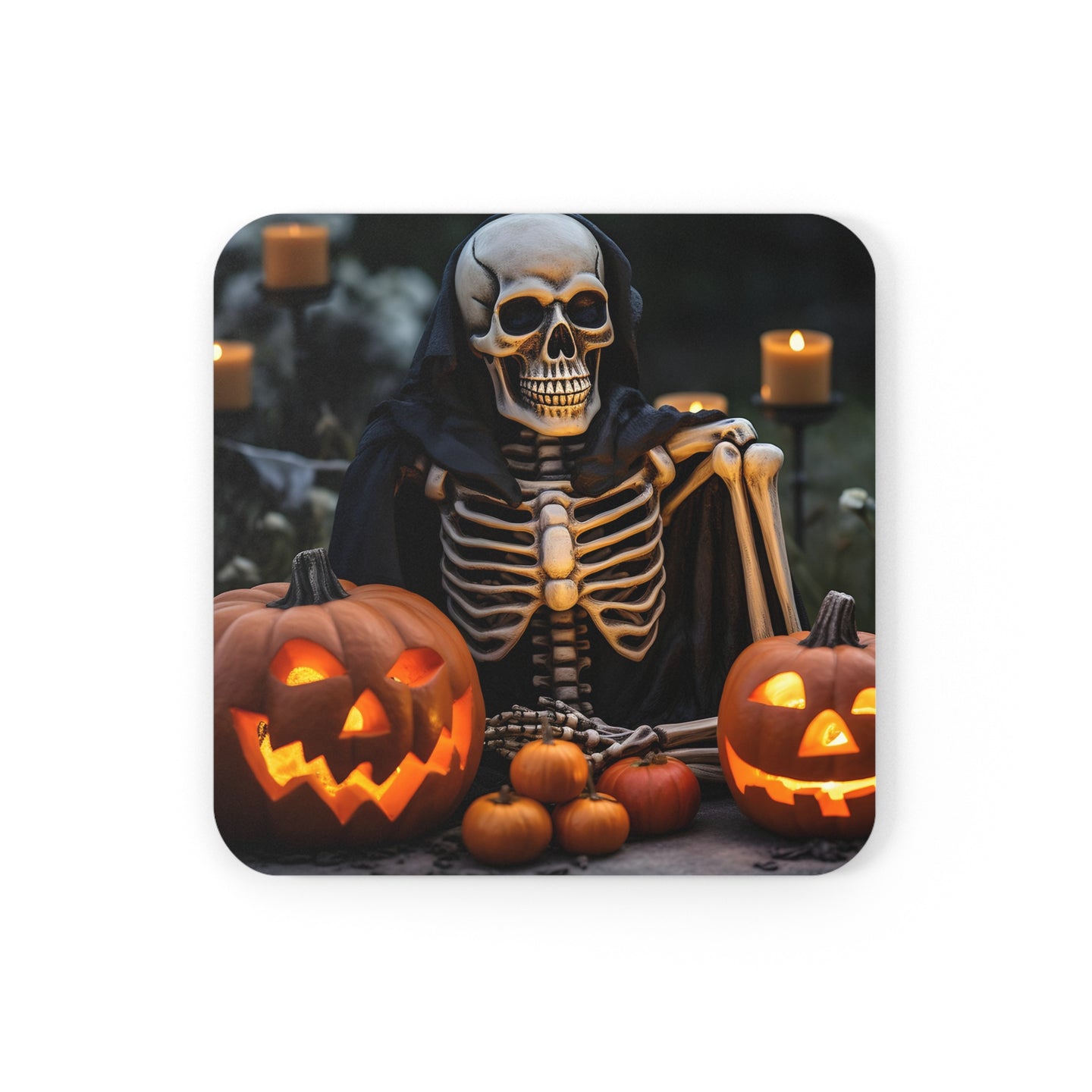 DistinctInk (Set of 4) Corkwood Coasters with Skellington's Spooky SoireeDesign for Halloween