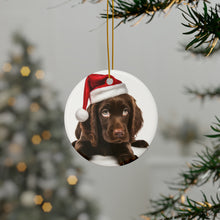 DistinctInk Hanging Ceramic Christmas Tree Ornament with Gold String - Great Gift/Present - 2 3/4 inch Diameter - Field Spaniel Puppy Design