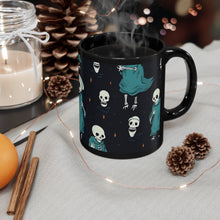 DistinctInk Black Coffee Mug - Haunted Skeleton Crew for Halloween