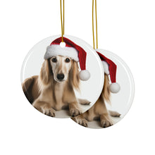 DistinctInk Hanging Ceramic Christmas Tree Ornament with Gold String - Great Gift/Present - 2 3/4 inch Diameter - Saluki Puppy Design