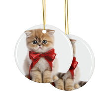 DistinctInk Hanging Ceramic Christmas Tree Ornament with Gold String - Great Gift/Present - 2 3/4 inch Diameter - Exotic Shorthair Kitten Design