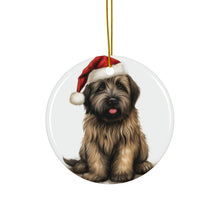 DistinctInk Hanging Ceramic Christmas Tree Ornament with Gold String - Great Gift/Present - 2 3/4 inch Diameter - Briard Puppy Drawing Design