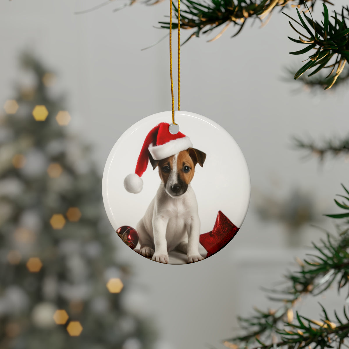 Hanging Ceramic Christmas Tree Ornament with Gold String - Smooth Fox Terrier Puppy Design, view 3