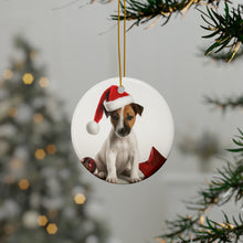 DistinctInk Hanging Ceramic Christmas Tree Ornament with Gold String - Great Gift/Present - 2 3/4 inch Diameter - Smooth Fox Terrier Puppy Design