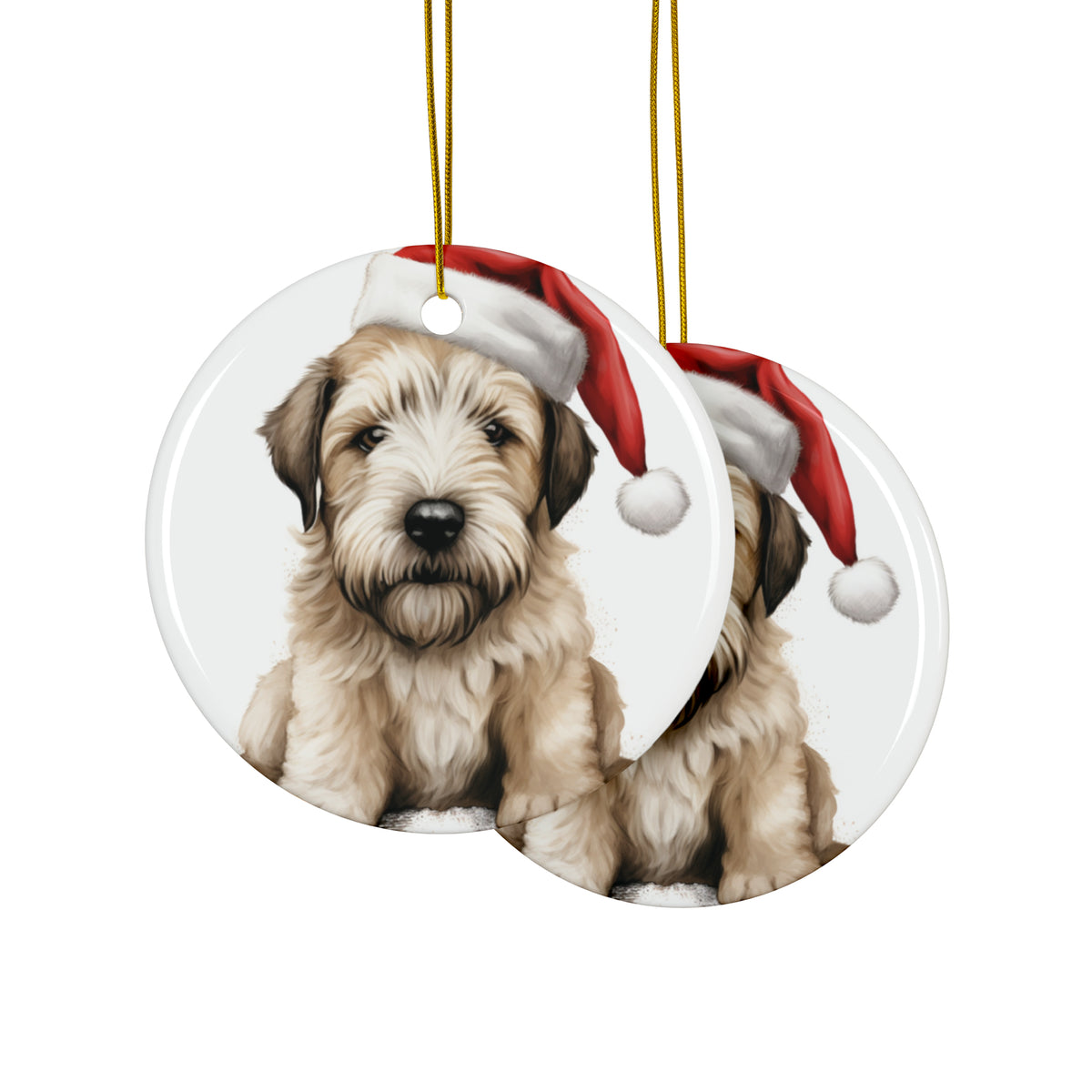 Hanging Ceramic Christmas Tree Ornament with Gold String - Soft Coated Wheaten Terrier Puppy Drawing Design, view 2
