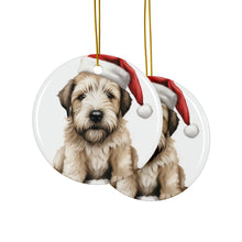 DistinctInk Hanging Ceramic Christmas Tree Ornament with Gold String - Great Gift/Present - 2 3/4 inch Diameter - Soft Coated Wheaten Terrier Puppy Drawing Design