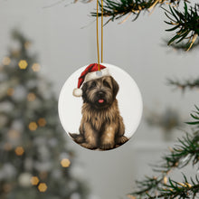 DistinctInk Hanging Ceramic Christmas Tree Ornament with Gold String - Great Gift/Present - 2 3/4 inch Diameter - Briard Puppy Drawing Design