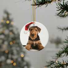 DistinctInk Hanging Ceramic Christmas Tree Ornament with Gold String - Great Gift/Present - 2 3/4 inch Diameter - Airedale Terrier Puppy Design
