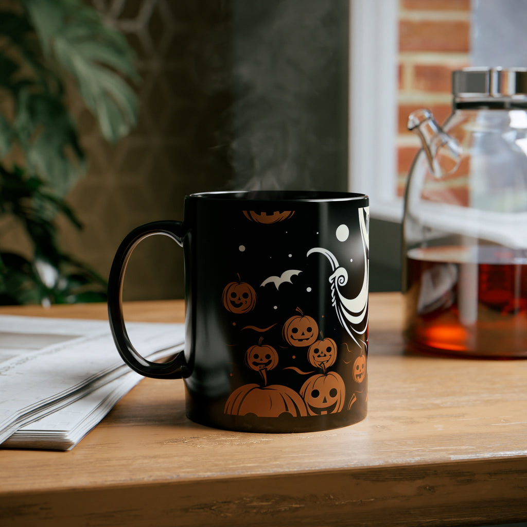 Black Coffee Mug - Ghost Skeleton Cartoon Pumpkins for Halloween, view 6