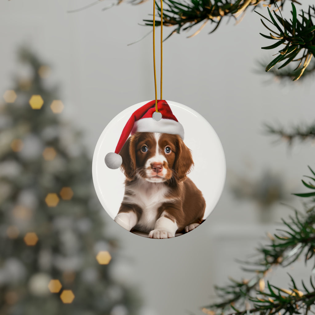 Hanging Ceramic Christmas Tree Ornament with Gold String - Brittany Puppy Design, view 3