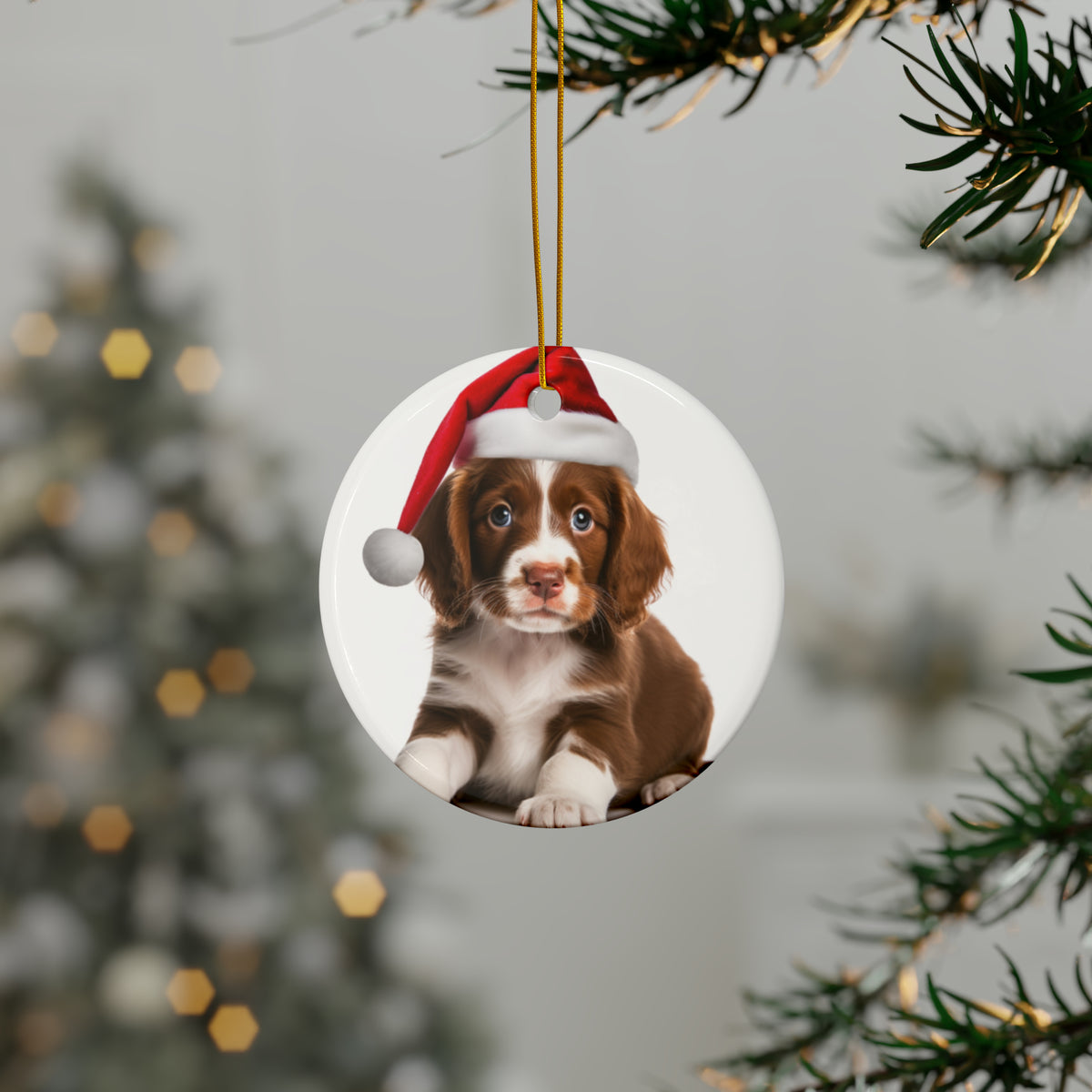 Hanging Ceramic Christmas Tree Ornament with Gold String - Brittany Puppy Design, view 3