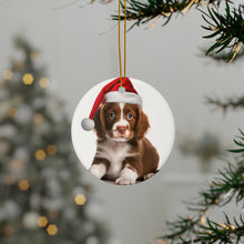 DistinctInk Hanging Ceramic Christmas Tree Ornament with Gold String - Great Gift/Present - 2 3/4 inch Diameter - Brittany Puppy Design