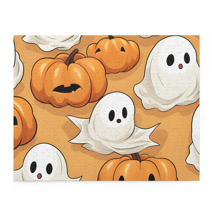DistinctInk Jigsaw Puzzle with Ghostly Skeleton Pumpkin Patch Design for Halloween