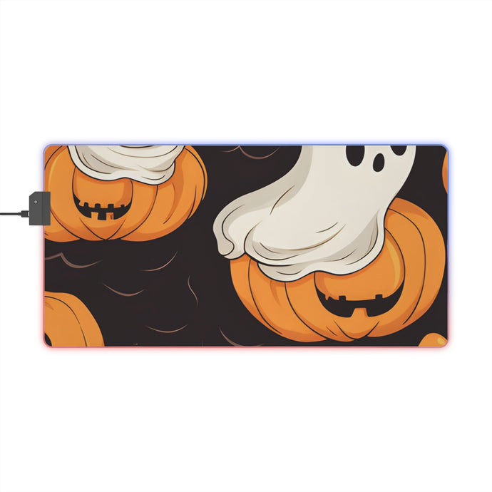 DistinctInk LED Gaming Mouse Pad with Haunted Skeleton Pumpkin Patch Design for Halloween