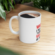DistinctInk Glossy White Coffee / Tea Mug - Warning May Start Talking Baseball