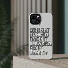 DistinctInk ToughCase for Apple iPhone, Compatible with MagSafe Charging - Build It Tune Race Break Fix Repeat