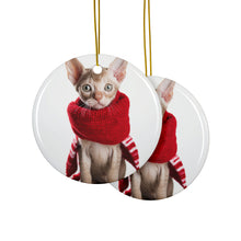 DistinctInk Hanging Ceramic Christmas Tree Ornament with Gold String - Great Gift/Present - 2 3/4 inch Diameter - Devon Rex Kitten Design