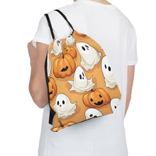 DistinctInk Drawstring Bag / Backpack with Ghostly Skeleton Pumpkin Patch Design for Halloween
