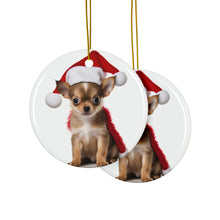 DistinctInk Hanging Ceramic Christmas Tree Ornament with Gold String - Great Gift/Present - 2 3/4 inch Diameter - Chihuahua Puppy Design