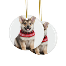 DistinctInk Hanging Ceramic Christmas Tree Ornament with Gold String - Great Gift/Present - 2 3/4 inch Diameter - Swedish Vallhund Puppy Design