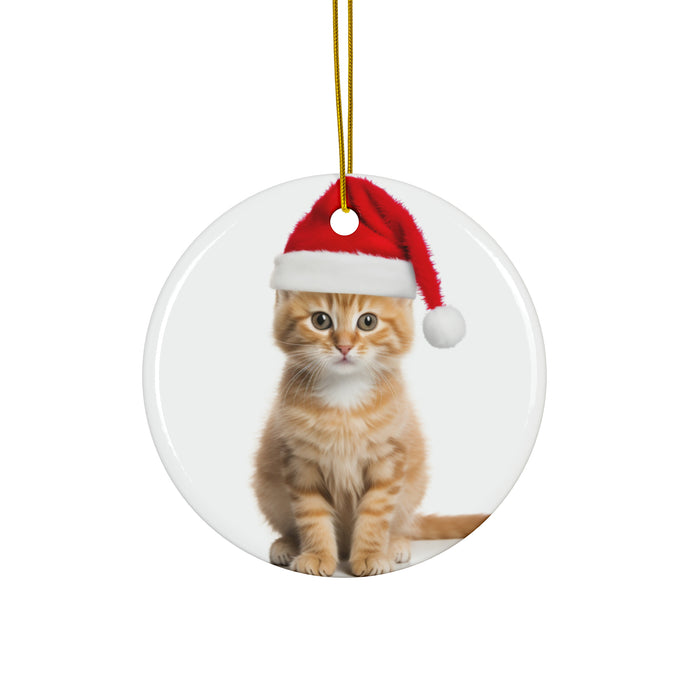 DistinctInk Hanging Ceramic Christmas Tree Ornament with Gold String - Great Gift/Present - 2 3/4 inch Diameter - Manx Cat Design
