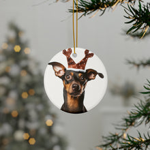 DistinctInk Hanging Ceramic Christmas Tree Ornament with Gold String - Great Gift/Present - 2 3/4 inch Diameter - German Pinscher Design