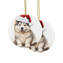 DistinctInk Hanging Ceramic Christmas Tree Ornament with Gold String - Great Gift/Present - 2 3/4 inch Diameter - Alaskan Malamute Puppy Drawing Design