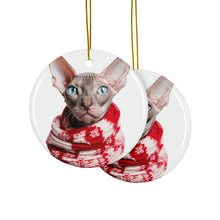 DistinctInk Hanging Ceramic Christmas Tree Ornament with Gold String - Great Gift/Present - 2 3/4 inch Diameter - Sphynx Cat Design