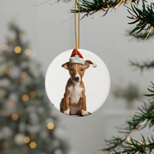 DistinctInk Hanging Ceramic Christmas Tree Ornament with Gold String - Great Gift/Present - 2 3/4 inch Diameter - Ibizan Hound Puppy Design