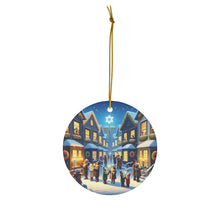 DistinctInk Hanging Ceramic Christmas Tree Ornament Charm with Gold String - Great Gift/Present - 2 3/4 inch Diameter - Festive Streets of Unity