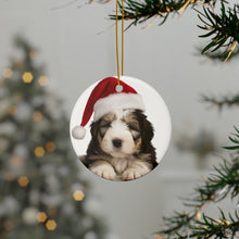 DistinctInk Hanging Ceramic Christmas Tree Ornament with Gold String - Great Gift/Present - 2 3/4 inch Diameter - Old English Sheepdog Puppy Design