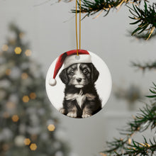 DistinctInk Hanging Ceramic Christmas Tree Ornament with Gold String - Great Gift/Present - 2 3/4 inch Diameter - Belgian Laekenoi Puppy Drawing Design