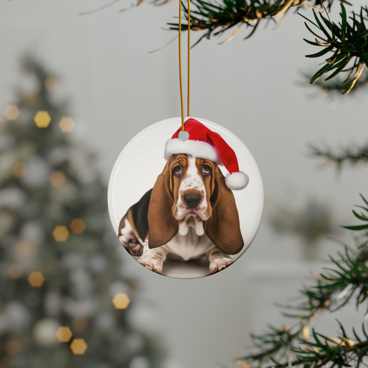 Hanging Ceramic Christmas Tree Ornament with Gold String - Basset Hound Puppy Design, view 3
