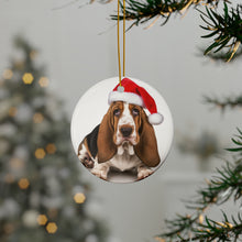 DistinctInk Hanging Ceramic Christmas Tree Ornament with Gold String - Great Gift/Present - 2 3/4 inch Diameter - Basset Hound Puppy Design