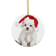 DistinctInk Hanging Ceramic Christmas Tree Ornament with Gold String - Great Gift/Present - 2 3/4 inch Diameter - Maltese Puppy Design