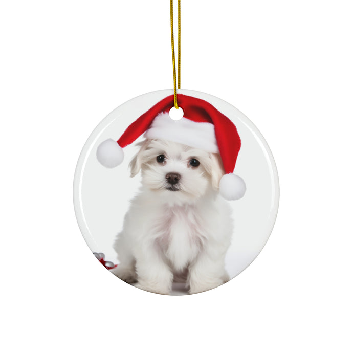DistinctInk Hanging Ceramic Christmas Tree Ornament with Gold String - Great Gift/Present - 2 3/4 inch Diameter - Maltese Puppy Design